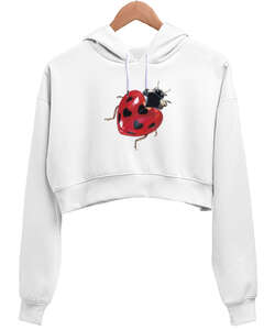 Aşk Kalp Uğur böceği Beyaz Kadın Crop Hoodie Kapüşonlu Sweatshirt