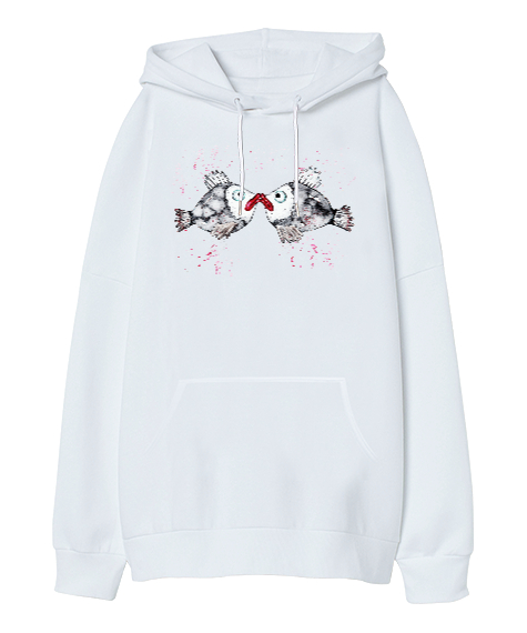 Aşk - Love Beyaz Oversize Unisex Kapüşonlu Sweatshirt