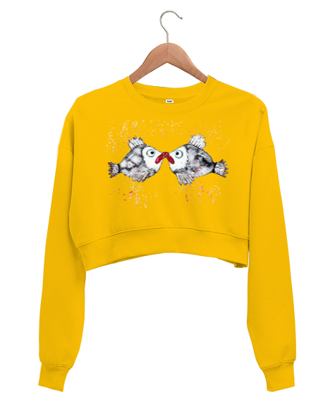 Aşk - Love Sarı Kadın Crop Sweatshirt