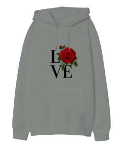  Aşk -Love Yazılı Gri Oversize Unisex Kapüşonlu Sweatshirt