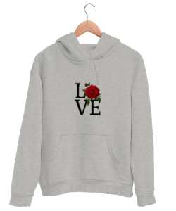  Aşk - Love Yazılı Gri Unisex Kapşonlu Sweatshirt