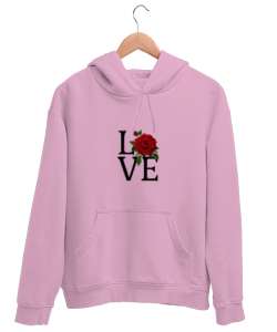  Aşk - Love Yazılı Pembe Unisex Kapşonlu Sweatshirt