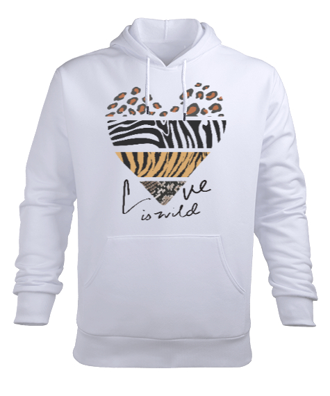 Aşk Vahşidir, Love is Wild Kalp Baskılı Beyaz Erkek Kapüşonlu Hoodie Sweatshirt