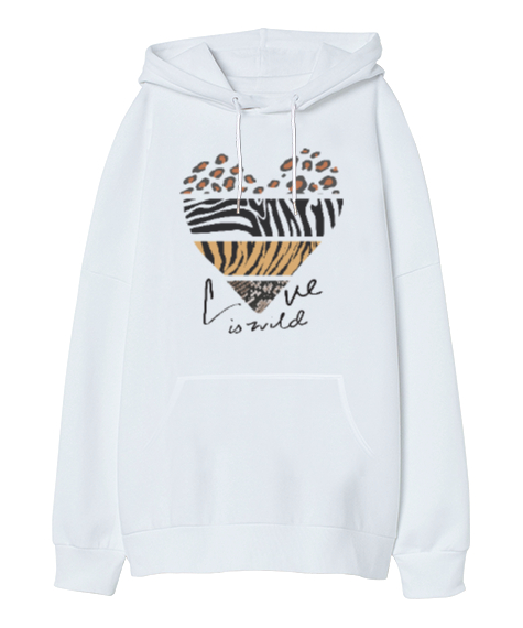 Aşk Vahşidir, Love is Wild Kalp Baskılı Beyaz Oversize Unisex Kapüşonlu Sweatshirt