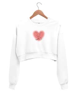 aşk ve huzur Beyaz Kadın Crop Sweatshirt