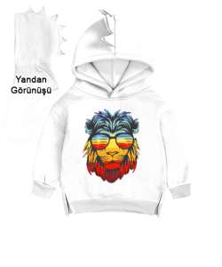 ASLAN BASKILI DİNAZOR Beyaz Çocuk Dinozor Kapşonlu Hoodie