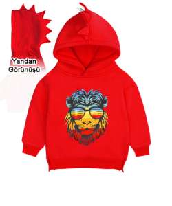 ASLAN BASKILI DİNAZOR Kırmızı Çocuk Dinozor Kapşonlu Hoodie