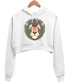 Aslan Burcu Tasarım Baskılı Kadın Crop Hoodie Kapüşonlu Sweatshirt