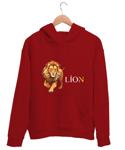 Tisho - Aslan desenli tasarım Kırmızı Unisex Kapşonlu Sweatshirt