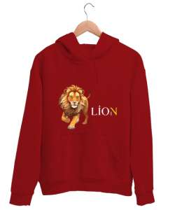 Aslan desenli tasarım Kırmızı Unisex Kapşonlu Sweatshirt