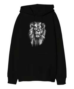 Aslan Kafası - Lion Siyah Oversize Unisex Kapüşonlu Sweatshirt