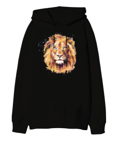 Aslan Lion Suluboya Tasarım Baskılı Siyah Oversize Unisex Kapüşonlu Sweatshirt