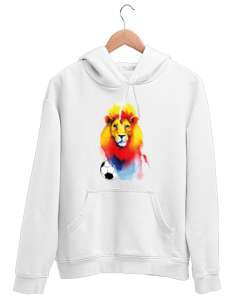 Aslan ve futbol topu tasarım baskılı Beyaz Unisex Kapşonlu Sweatshirt