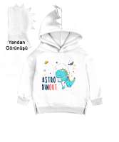 Astro Dinozor Beyaz Çocuk Dinozor Kapşonlu Hoodie - Thumbnail