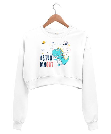 Tisho - Astro Dinozor Beyaz Kadın Crop Sweatshirt