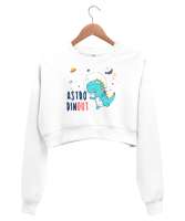 Astro Dinozor Beyaz Kadın Crop Sweatshirt - Thumbnail