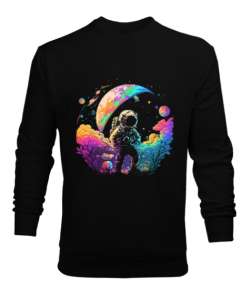 Astronaut in Space Baskılı Siyah Erkek Sweatshirt