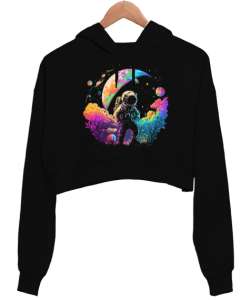 Astronaut in Space Baskılı Siyah Kadın Crop Hoodie Kapüşonlu Sweatshirt