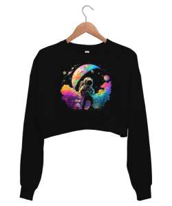 Astronaut in Space Baskılı Siyah Kadın Crop Sweatshirt