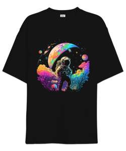 Astronaut in Space Baskılı Siyah Oversize Unisex Tişört