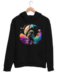 Astronaut in Space Baskılı Siyah Unisex Kapşonlu Sweatshirt