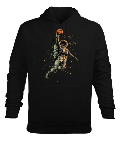 Astronaut playing Basketball Baskılı Siyah Erkek Kapüşonlu Hoodie Sweatshirt