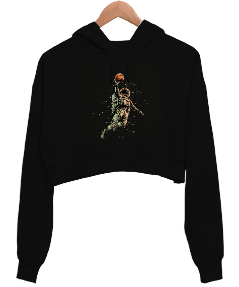 Astronaut playing Basketball Baskılı Siyah Kadın Crop Hoodie Kapüşonlu Sweatshirt