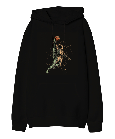 Astronaut playing Basketball Baskılı Siyah Oversize Unisex Kapüşonlu Sweatshirt