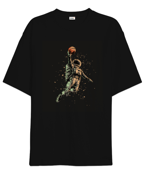 Astronaut playing Basketball Baskılı Siyah Oversize Unisex Tişört