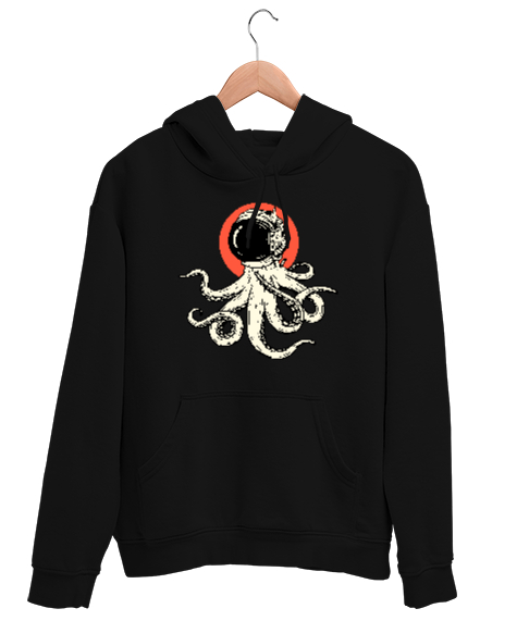 Tisho - Astronot Ahtapot - Octobus Siyah Unisex Kapşonlu Sweatshirt