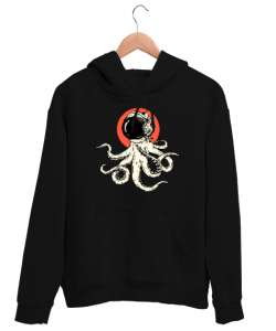 Astronot Ahtapot - Octobus Siyah Unisex Kapşonlu Sweatshirt