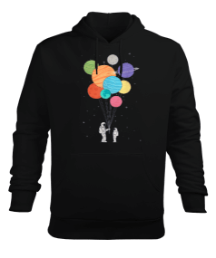 Astronot, Gezegenler Balon Baskı Tasarımlı Erkek Kapüşonlu Hoodie Sweatshirt