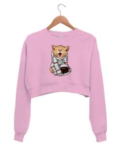 Astronot Kedi - Cat Pembe Kadın Crop Sweatshirt