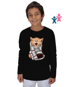 Astronot Kedi - Cat Siyah Çocuk Unisex Uzunkollu