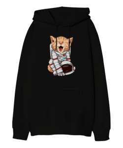 Astronot Kedi - Cat Siyah Oversize Unisex Kapüşonlu Sweatshirt