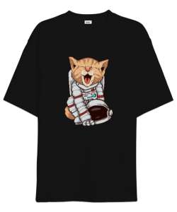 Astronot Kedi - Cat Siyah Oversize Unisex Tişört