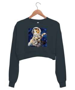 Astronot Kedi Füme Kadın Crop Sweatshirt