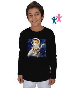 Astronot Kedi Siyah Çocuk Unisex Uzunkollu