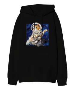 Astronot Kedi Siyah Oversize Unisex Kapüşonlu Sweatshirt