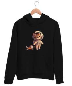 Astronot Kedi Siyah Unisex Kapşonlu Sweatshirt