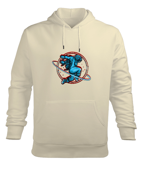 astronot Krem Erkek Kapüşonlu Hoodie Sweatshirt