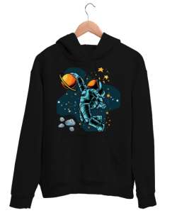 Astronot Siyah Unisex Kapşonlu Sweatshirt