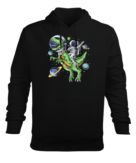 Astronot T-Rex Gezinti - Astronaut Riding T-Rex Dinosaur Astro T-Rex Space Baskılı Siyah Erkek Kapüşonlu Hoodie Sweatshirt