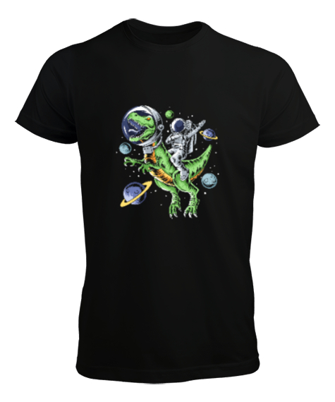 Astronot T-Rex Gezinti - Astronaut Riding T-Rex Dinosaur Astro T-Rex Space Baskılı Siyah Erkek Tişört