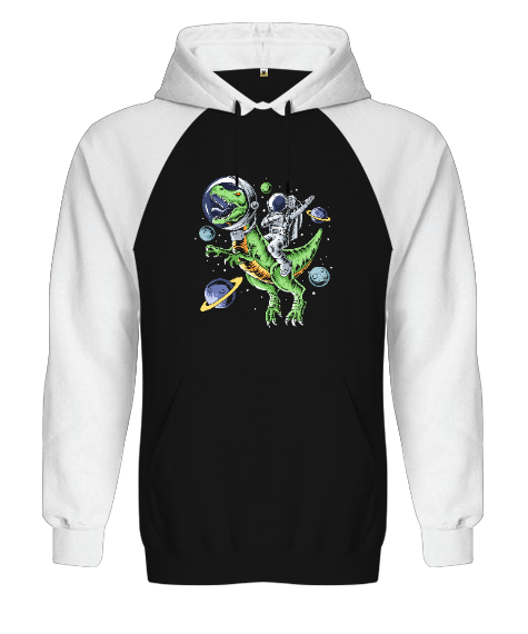 Astronot T-Rex Gezinti - Astronaut Riding T-Rex Dinosaur Astro T-Rex Space Baskılı Siyah/Beyaz Orjinal Reglan Hoodie Unisex Sweatshirt