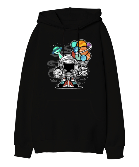 Astronot Tasarımlı Siyah Oversize Unisex Kapüşonlu Sweatshirt