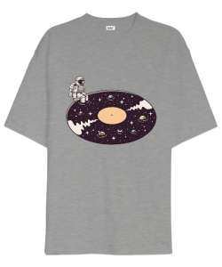 Astronot Uzayda Pikap Müzik Gezegenler Gri Oversize Unisex Tişört