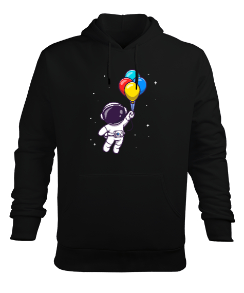 Astronot ve Balonlar Tasarım Baskılı Siyah Erkek Kapüşonlu Hoodie Sweatshirt