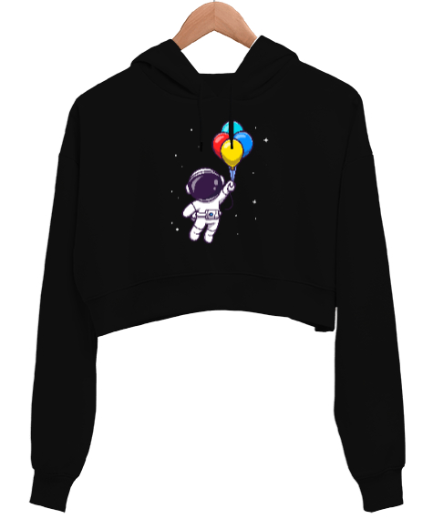 Astronot ve Balonlar Tasarım Baskılı Siyah Kadın Crop Hoodie Kapüşonlu Sweatshirt