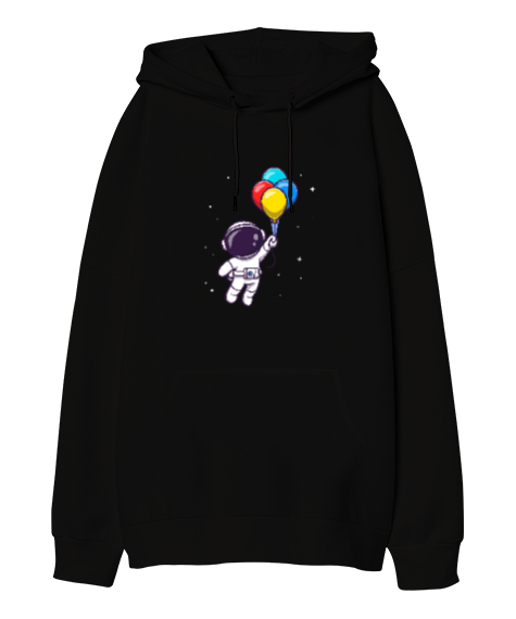 Astronot ve Balonlar Tasarım Baskılı Siyah Oversize Unisex Kapüşonlu Sweatshirt